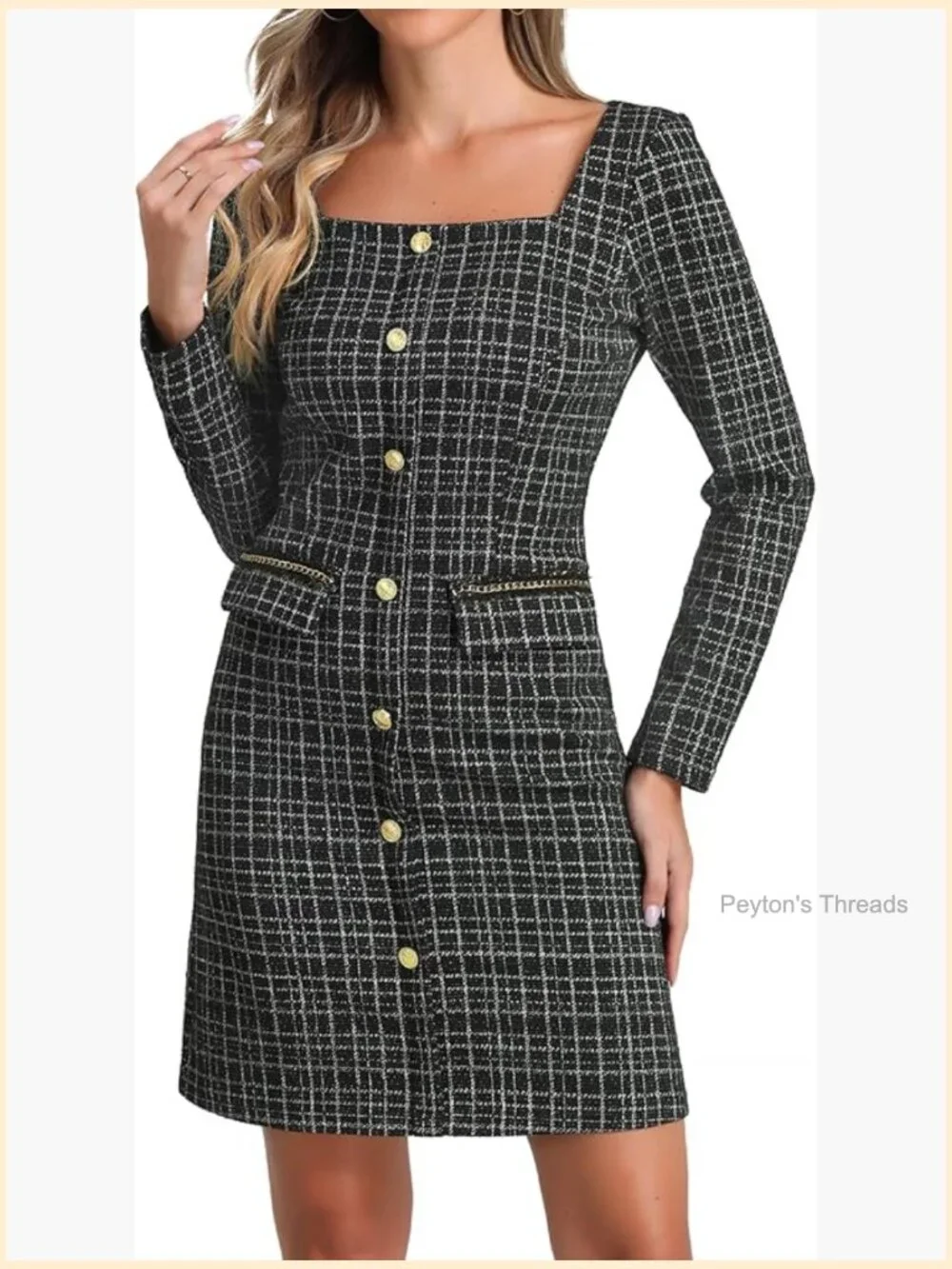 Tweed Long Sleeve Square Neck Sheath Dress with Pockets